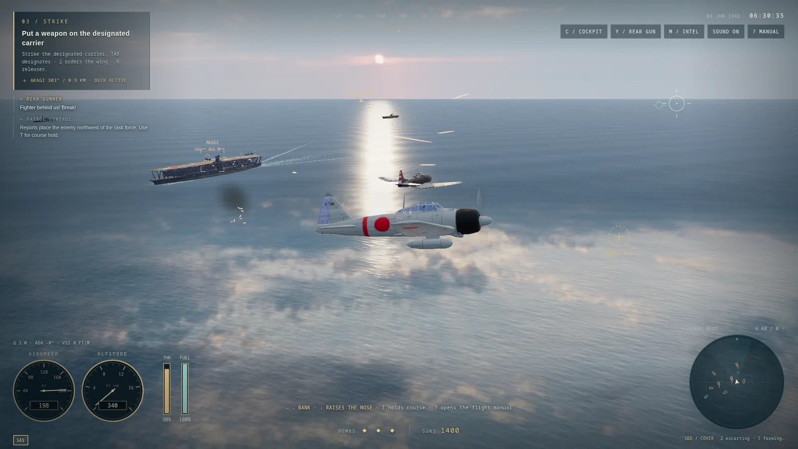 A fighter banks over a sunlit ocean with an enemy carrier below.