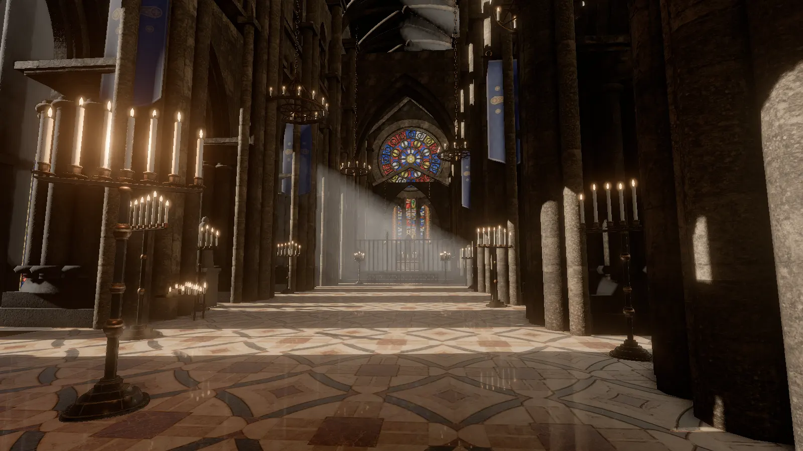 A candlelit gothic nave with a shaft of light falling from the rose window.