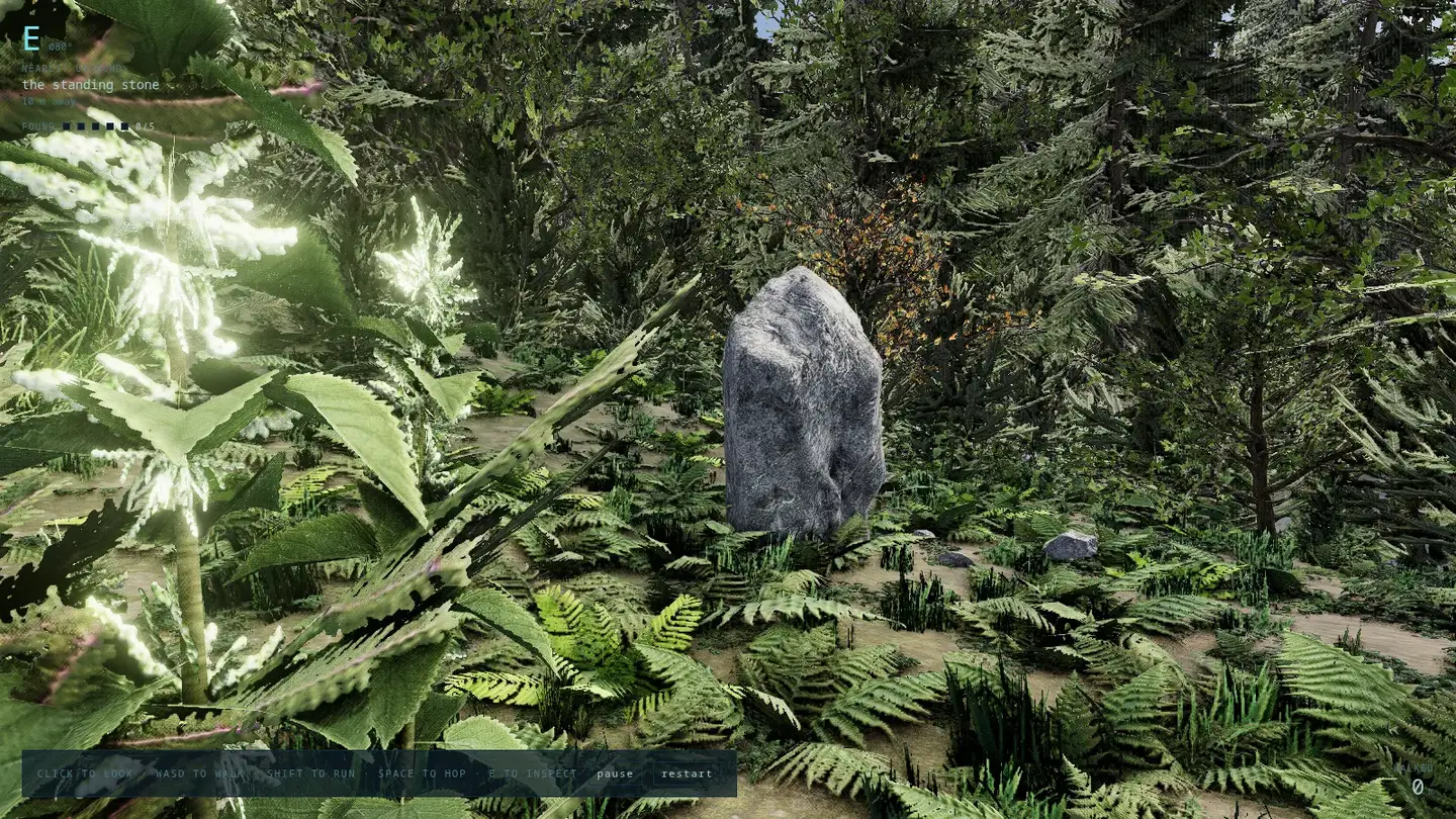 A standing stone in a clearing of sunlit ferns.