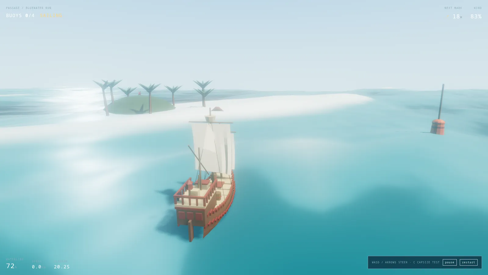 A sailing ship near a palm island.