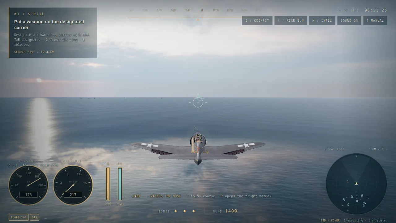 An aircraft over the sea with cockpit gauges and radar, in the native desktop host.