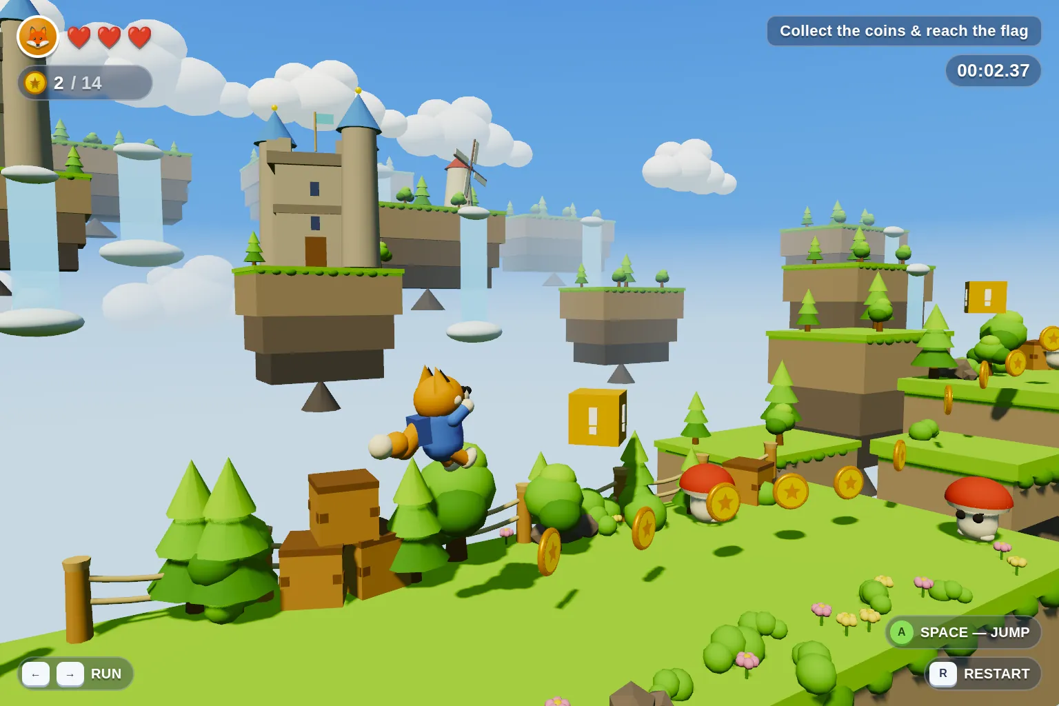 A fox on floating grass islands with a castle and a coin HUD.