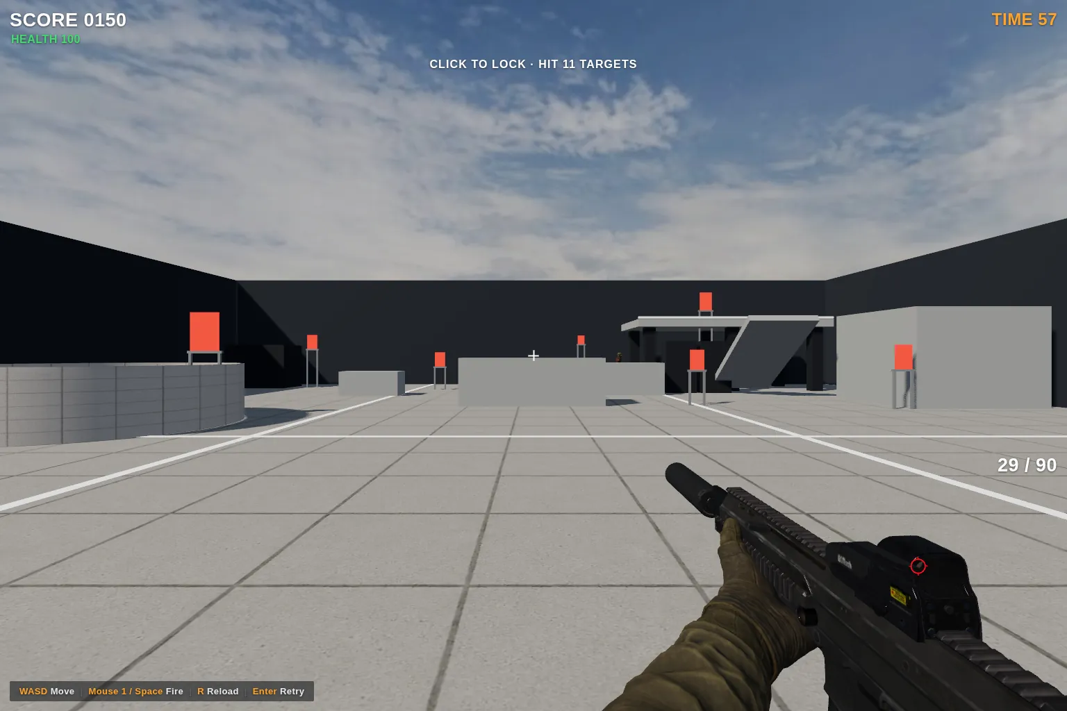 The same range after the scripted steps, with score 150 and ammo 29 of 90.