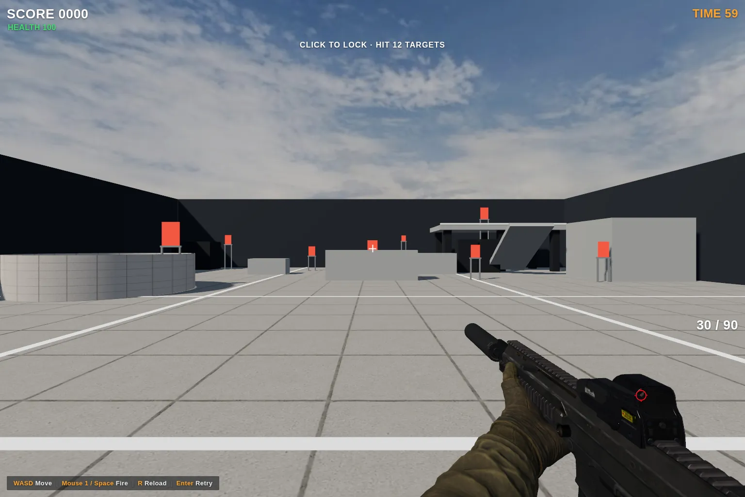 A first-person test range with score 0 and ammo 30 of 90.