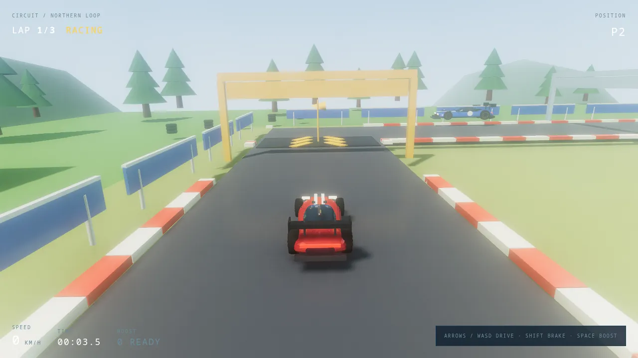 A race car on a circuit under a start gantry, with a lap HUD.
