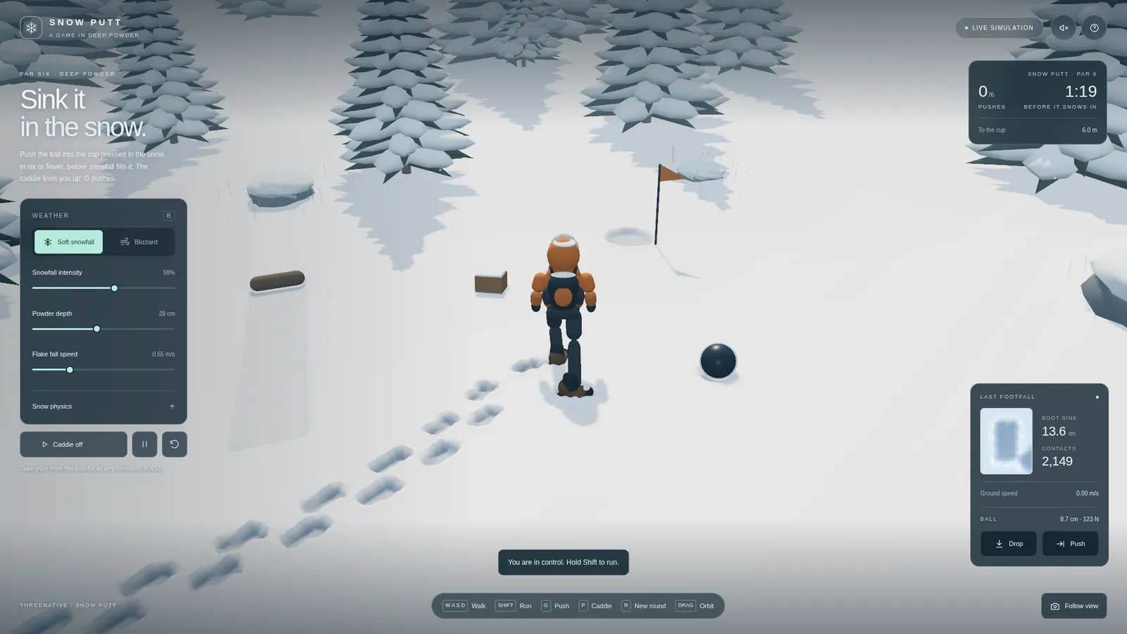 A character leaves footprints in falling snow beside a weather panel.