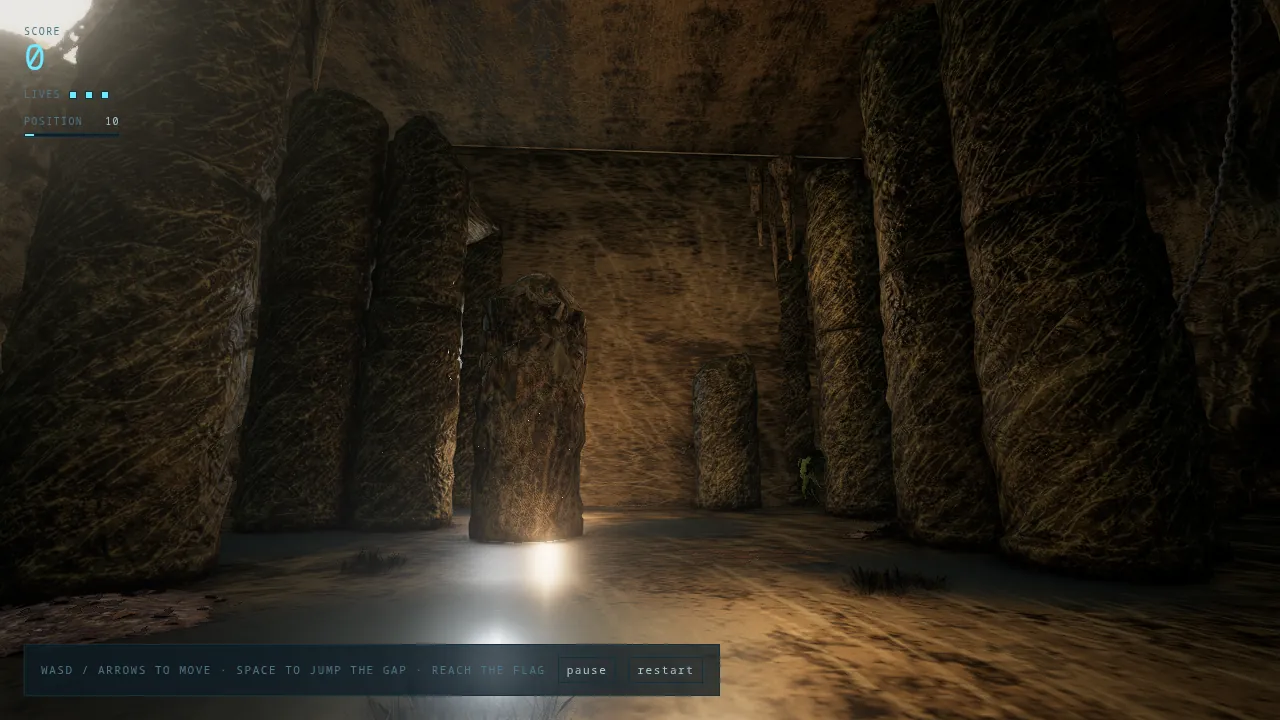A first-person view into a cave lit by a warm lantern, with a wet floor.