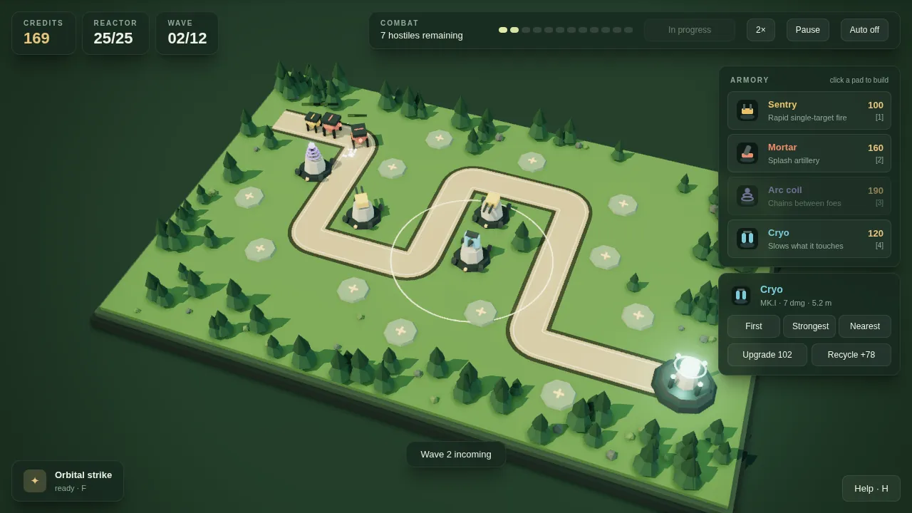 An isometric board with a winding path, towers and an armory panel.