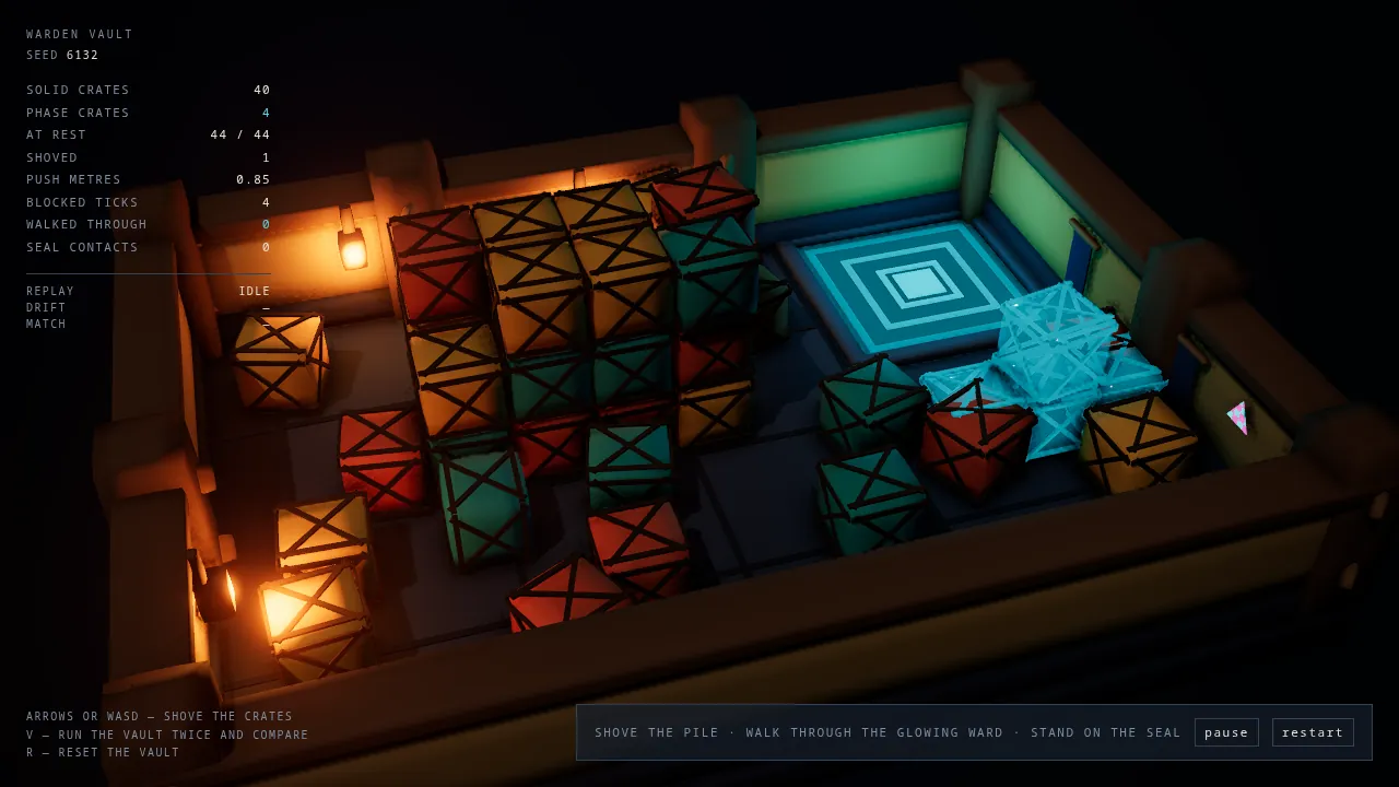 Lantern-lit crates around a glowing seal tile in a stone vault.